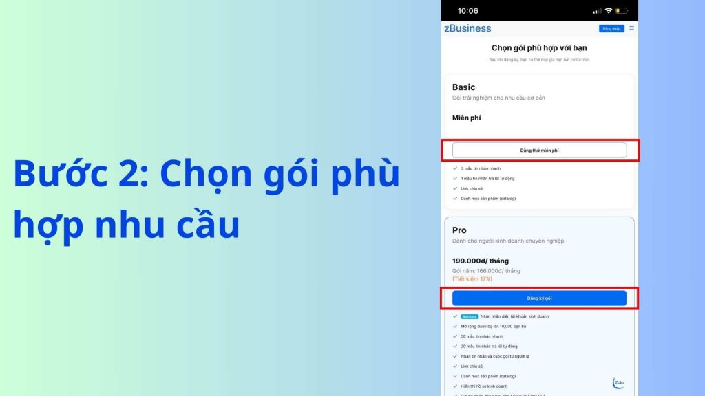 cách đăng ký zalo business trên điện thoại, chọn gói