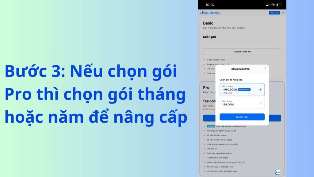 chọn gói zalo business trên điện thoại