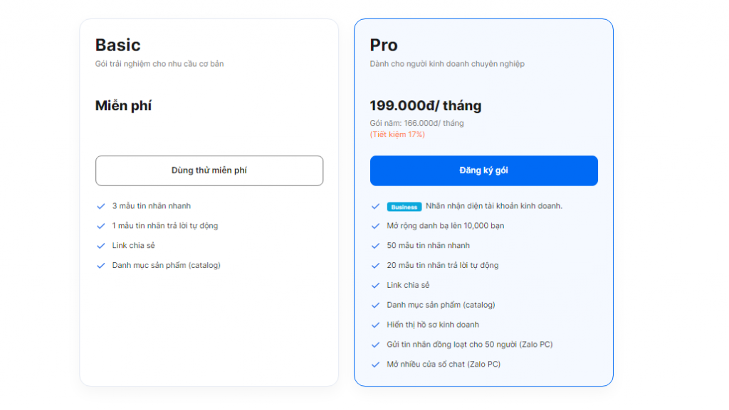 các gói zalo business