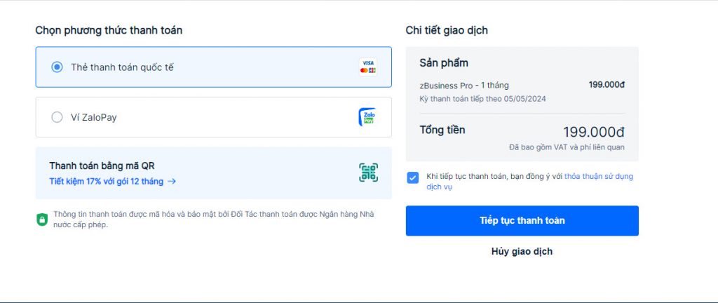 tiến hành thanh toán zalo business
